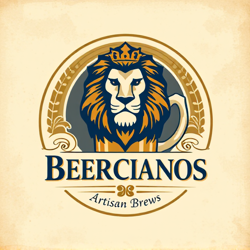 Professional logo design. Emblem for a sophisticated craft beer company named "Beercianos": A regal lion's head emerging from a stylized beer mug, symbolizing strength, quality, and the brewing tradition. Gold, deep navy blue, and cream, with accents of dark amber. Classic serif font for "Beercianos" and a smaller, more ornate script for a tagline like "Artisan Brews". Design with a vintage European heraldry influence, featuring intricate linework and subtle textures. Execute with a high level of detail in the lion's mane and the foam of the beer. Circular background with a distressed paper texture.