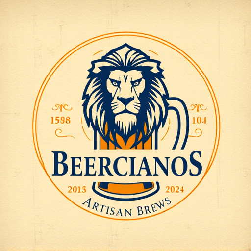Professional logo design. Emblem for a sophisticated craft beer company named "Beercianos": A regal lion's head emerging from a stylized beer mug, symbolizing strength, quality, and the brewing tradition. Gold, deep navy blue, and cream, with accents of dark amber. Classic serif font for "Beercianos" and a smaller, more ornate script for a tagline like "Artisan Brews". Design with a vintage European heraldry influence, featuring intricate linework and subtle textures. Execute with a high level of detail in the lion's mane and the foam of the beer. Circular background with a distressed paper texture.