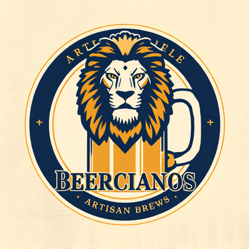 Professional logo design. Emblem for a sophisticated craft beer company named "Beercianos": A regal lion's head emerging from a stylized beer mug, symbolizing strength, quality, and the brewing tradition. Gold, deep navy blue, and cream, with accents of dark amber. Classic serif font for "Beercianos" and a smaller, more ornate script for a tagline like "Artisan Brews". Design with a vintage European heraldry influence, featuring intricate linework and subtle textures. Execute with a high level of detail in the lion's mane and the foam of the beer. Circular background with a distressed paper texture.Without the lion