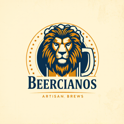 Professional logo design. Emblem for a sophisticated craft beer company named "Beercianos": A regal lion's head emerging from a stylized beer mug, symbolizing strength, quality, and the brewing tradition. Gold, deep navy blue, and cream, with accents of dark amber. Classic serif font for "Beercianos" and a smaller, more ornate script for a tagline like "Artisan Brews". Design with a vintage European heraldry influence, featuring intricate linework and subtle textures. Execute with a high level of detail in the lion's mane and the foam of the beer. Circular background with a distressed paper texture.Without the lion
