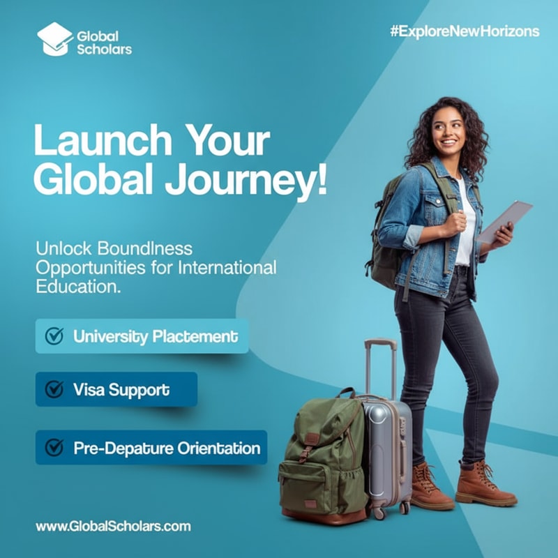 On the right side of the frame is a young, fair-skinned woman, probably in her early twenties, with a cheerful face, smiling broadly. She is wearing a yellow hoodie, light-wash jeans, and white sneakers. Sunglasses are on her head. She is sitting on a small, orange suitcase and has a large gray and black backpack strapped to her back. She is holding an open passport or travel document. The background is a gradient of turquoise and blue. Large, bold white letters read "Discover your future abroad!" and more text describes study abroad programs. Three boxes below list the program's benefits. The image has a modern, clean design, with bright lighting. The overall atmosphere is energetic and optimistic, promoting international study programs. The perspective is slightly low-angled, giving the impression of upward momentum. New designs in this style make me.