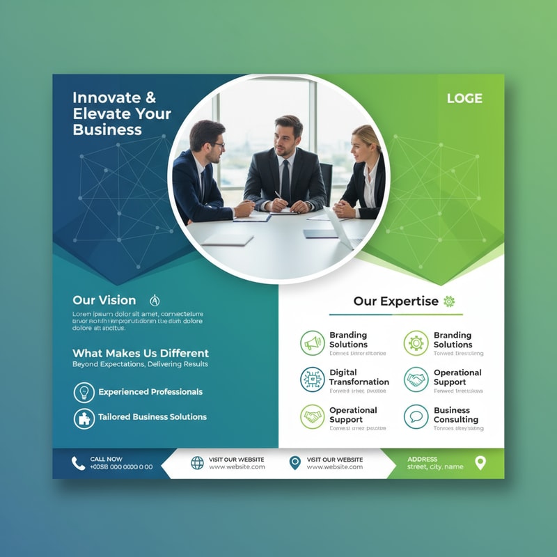 Generate Headline for  business Flyer  design .Please give me a new and better design based on this design with detailed description.A dual-panel business flyer design, showcasing a professional business context. Each panel features a similar layout: A title "Experience the Difference" in a stylized font is positioned at the top, above a group of three business professionals, one standing and two seated at a conference table, illuminated by office lighting. In each panel, the background is a blurred image of an office interior with white walls and a large window providing daylight. Descriptive text sections are below the title, with sections labeled "Discover Our Mission," "Areas of Expertise," and "What Makes Us Different". Bullet-pointed lists detail the provided services and key points, utilizing icons alongside each item. The left panel has a turquoise gradient background, while the right panel has a green one, with the primary colors being white, blue, teal, and a bit of dark gray for the text and elements. The overall atmosphere conveys professionalism, expertise, and a focus on business solutions. The composition is clean, modern, and designed for promotional purposes.