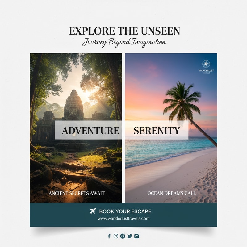 You design me a creative social media traveling poster Design . Design my social media poster with beautiful headlines. I will give these designs to the client. So the designs have to be unique.