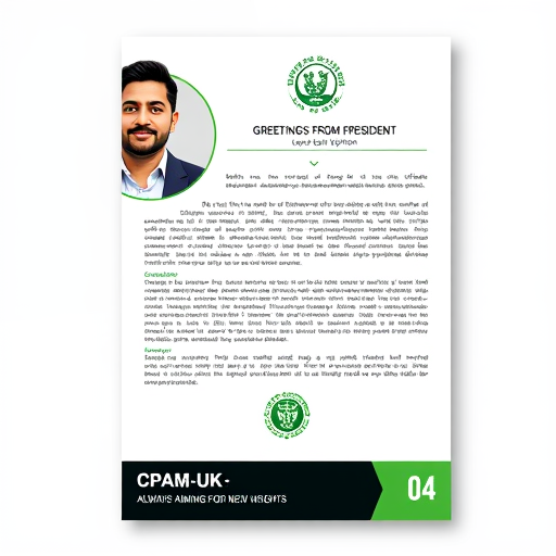 Professional logo design. The image is a flyer or promotional document featuring text and design elements. A circular portrait of a South Asian man in a dark suit jacket and white shirt is in the upper-left corner; he has dark hair, a short beard, and a warm smile. Above the descriptive text is a green and white logo and a title "GREETINGS FROM PRESIDENT." The document's text is on a white background with a thin black border. Below the text, there's a green and white cricket-themed emblem. The bottom of the design has a black and white section with text "CPAM-UK – ALWAYS AIMING FOR NEW HEIGHTS" and the number "04." The style is clean and modern, using a contrasting color scheme with the colors green, white, and black and a portrait. The overall atmosphere conveys professionalism and is likely for a cricket association.