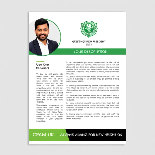 Professional logo design. The image is a flyer or promotional document featuring text and design elements. A circular portrait of a South Asian man in a dark suit jacket and white shirt is in the upper-left corner; he has dark hair, a short beard, and a warm smile. Above the descriptive text is a green and white logo and a title "GREETINGS FROM PRESIDENT." The document's text is on a white background with a thin black border. Below the text, there's a green and white cricket-themed emblem. The bottom of the design has a black and white section with text "CPAM-UK – ALWAYS AIMING FOR NEW HEIGHTS" and the number "04." The style is clean and modern, using a contrasting color scheme with the colors green, white, and black and a portrait. The overall atmosphere conveys professionalism and is likely for a cricket association.