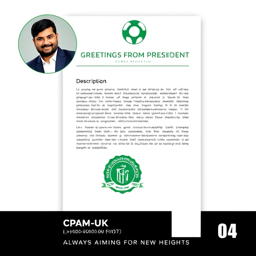 Professional logo design. The image is a flyer or promotional document featuring text and design elements. A circular portrait of a South Asian man in a dark suit jacket and white shirt is in the upper-left corner; he has dark hair, a short beard, and a warm smile. Above the descriptive text is a green and white logo and a title "GREETINGS FROM PRESIDENT." The document's text is on a white background with a thin black border. Below the text, there's a green and white cricket-themed emblem. The bottom of the design has a black and white section with text "CPAM-UK – ALWAYS AIMING FOR NEW HEIGHTS" and the number "04." The style is clean and modern, using a contrasting color scheme with the colors green, white, and black and a portrait. The overall atmosphere conveys professionalism and is likely for a cricket association.