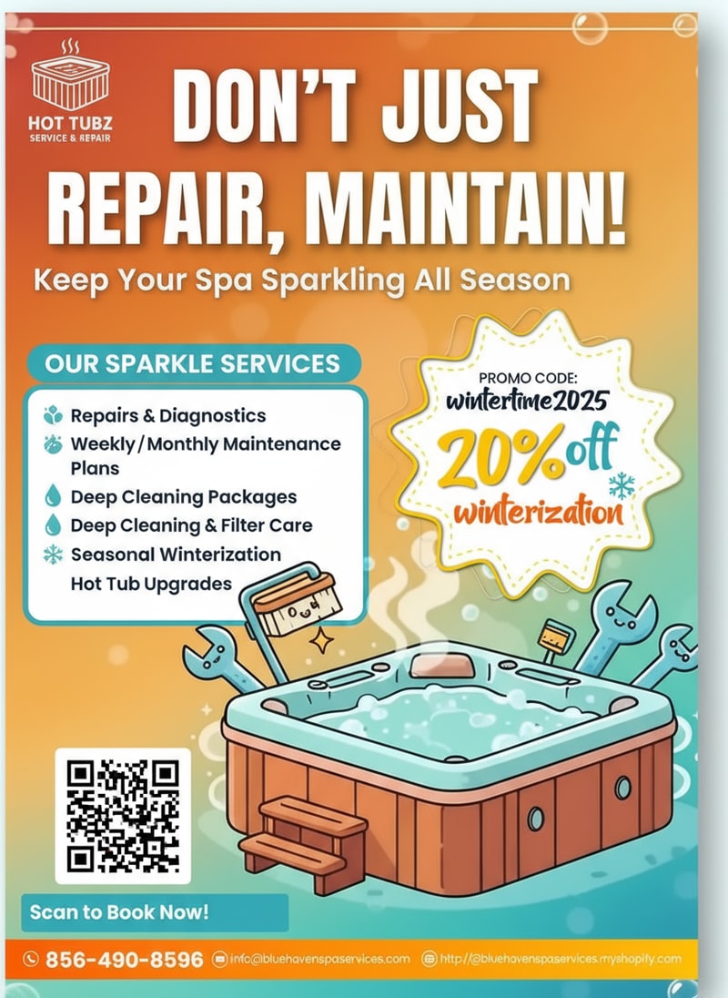I’m launching a direct-mail campaign and need a single, fun and vibrant flyer that convinces homeowners to book our hot tub, spa repair, and—most importantly—ongoing maintenance services.

What absolutely must appear:
• A bold headline focused on maintenance.
• The promo code “wintertime2025” with a clear “20 % off winterization” call-out.
• A concise snapshot of our services.
• Easy-to-spot contact details (phone, email, web, or QR—whatever presents best).

I’m wide open on color choices, so feel free to explore palettes that shout energy and warmth while keeping text readable. Icons, playful illustrations, or clever layouts are welcome as long as they steer the eye toward the discount and our maintenance offer.

Keep the scope simple: one postcard-sized or letter-sized flyer ready for print and digital use. I’ll award the prize to the concept that grabs attention fast, feels on-brand, and nudges readers to book before winter hits.

Deliverables for the winner:
– High-resolution, print-ready PDF (CMYK)
– Editable source file (AI, PSD, or InDesign)

Show me your best splash of creativity and let’s keep spas sparkling all winter!

Attached is our logo. Attached is some ideas of different flyers. I found online as well as our contact information is below.


All our package pricing is on our website.