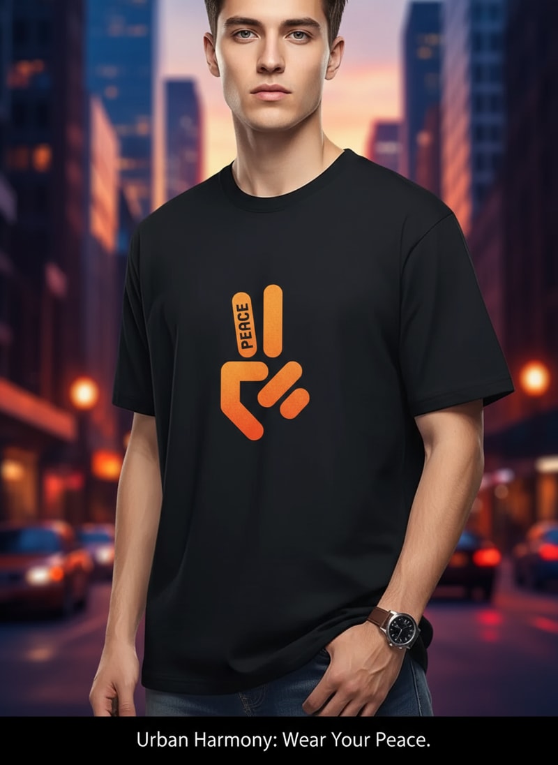 Generate Headline for  poster design .Please give me a new and better design based on this design with detailed description. .A black t-shirt is displayed against a neutral background, centered in the frame, held by a person's hand. The t-shirt has a round neck and short sleeves.  Printed on the front is a peace sign graphic in orange, with the word "PEACE" vertically written through the upper finger of the sign.  The hand, partially visible, is fair-skinned with a brown wristwatch, holding the t-shirt. The backdrop includes a stylized ceiling with recessed lighting and what appears to be a clothing store setting with racks of clothing visible in the background. The lighting appears to be soft and even, with the focus on the t-shirt. The composition is a studio shot, aiming to present and highlight the shirt.