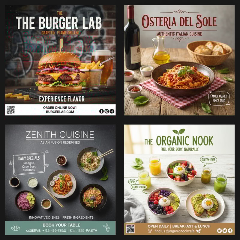 You design me different types of restaurant posters. The posters must be unique. I will give these designs to the client.