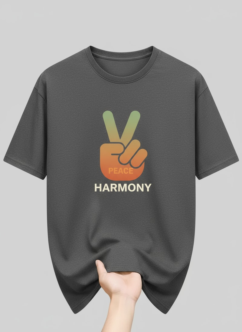 Generate Headline for  poster design .Please give me a new and better design based on this design with detailed description. .A black t-shirt is displayed against a neutral background, centered in the frame, held by a person's hand. The t-shirt has a round neck and short sleeves.  Printed on the front is a peace sign graphic in orange, with the word "PEACE" vertically written through the upper finger of the sign.  The hand, partially visible, is fair-skinned with a brown wristwatch, holding the t-shirt. The backdrop includes a stylized ceiling with recessed lighting and what appears to be a clothing store setting with racks of clothing visible in the background. The lighting appears to be soft and even, with the focus on the t-shirt. The composition is a studio shot, aiming to present and highlight the shirt.