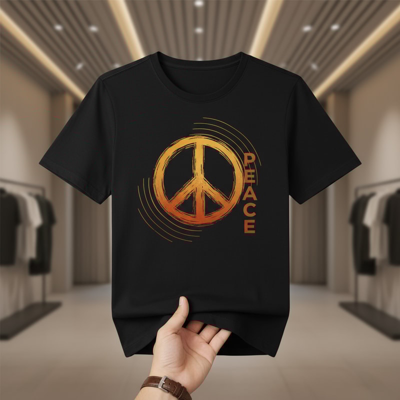 Generate Headline for  poster design .Please give me a new and better design based on this design with detailed description. .A black t-shirt is displayed against a neutral background, centered in the frame, held by a person's hand. The t-shirt has a round neck and short sleeves.  Printed on the front is a peace sign graphic in orange, with the word "PEACE" vertically written through the upper finger of the sign.  The hand, partially visible, is fair-skinned with a brown wristwatch, holding the t-shirt. The backdrop includes a stylized ceiling with recessed lighting and what appears to be a clothing store setting with racks of clothing visible in the background. The lighting appears to be soft and even, with the focus on the t-shirt. The composition is a studio shot, aiming to present and highlight the shirt.