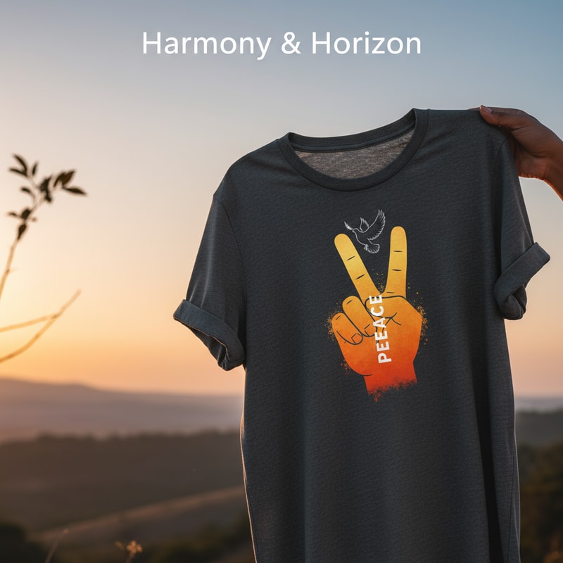 Generate Headline for poster design .Please give me a new and better design based on this design with detailed description. .A black t-shirt is displayed against a neutral background, centered in the frame, held by a person's hand. The t-shirt has a round neck and short sleeves. Printed on the front is a peace sign graphic in orange, with the word "PEACE" vertically written through the upper finger of the sign. The hand, partially visible, is fair-skinned with a brown wristwatch, holding the t-shirt. The backdrop includes a stylized ceiling with recessed lighting and what appears to be a clothing store setting with racks of clothing visible in the background. The lighting appears to be soft and even, with the focus on the t-shirt. The composition is a studio shot, aiming to present and highlight the shirt.