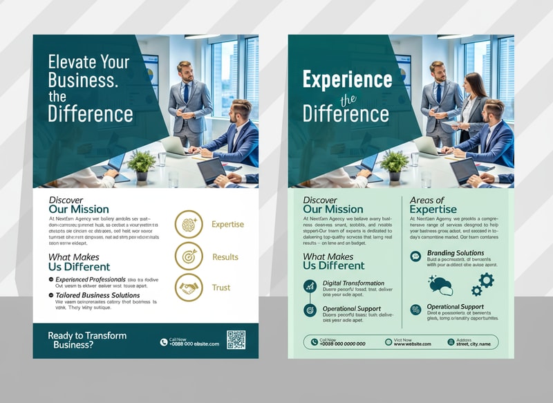 Generate Headline for  business Flyer  design .Please give me a new and better design based on this design with detailed description.A dual-panel business flyer design, showcasing a professional business context. Each panel features a similar layout: A title "Experience the Difference" in a stylized font is positioned at the top, above a group of three business professionals, one standing and two seated at a conference table, illuminated by office lighting. In each panel, the background is a blurred image of an office interior with white walls and a large window providing daylight. Descriptive text sections are below the title, with sections labeled "Discover Our Mission," "Areas of Expertise," and "What Makes Us Different". Bullet-pointed lists detail the provided services and key points, utilizing icons alongside each item. The left panel has a turquoise gradient background, while the right panel has a green one, with the primary colors being white, blue, teal, and a bit of dark gray for the text and elements. The overall atmosphere conveys professionalism, expertise, and a focus on business solutions. The composition is clean, modern, and designed for promotional purposes.