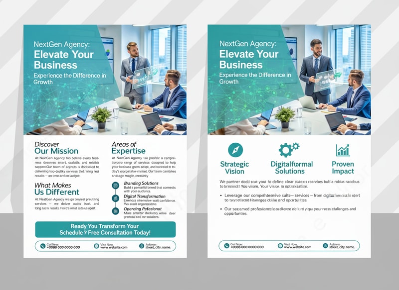 Generate Headline for  business Flyer  design .Please give me a new and better design based on this design with detailed description.A dual-panel business flyer design, showcasing a professional business context. Each panel features a similar layout: A title "Experience the Difference" in a stylized font is positioned at the top, above a group of three business professionals, one standing and two seated at a conference table, illuminated by office lighting. In each panel, the background is a blurred image of an office interior with white walls and a large window providing daylight. Descriptive text sections are below the title, with sections labeled "Discover Our Mission," "Areas of Expertise," and "What Makes Us Different". Bullet-pointed lists detail the provided services and key points, utilizing icons alongside each item. The left panel has a turquoise gradient background, while the right panel has a green one, with the primary colors being white, blue, teal, and a bit of dark gray for the text and elements. The overall atmosphere conveys professionalism, expertise, and a focus on business solutions. The composition is clean, modern, and designed for promotional purposes.