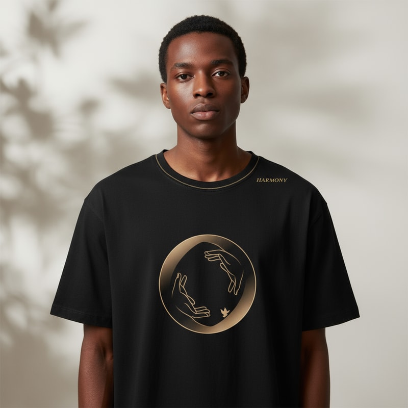 Generate Headline for  poster design .Please give me a new and better design based on this design with detailed description. .A black t-shirt is displayed against a neutral background, centered in the frame, held by a person's hand. The t-shirt has a round neck and short sleeves.  Printed on the front is a peace sign graphic in orange, with the word "PEACE" vertically written through the upper finger of the sign.  The hand, partially visible, is fair-skinned with a brown wristwatch, holding the t-shirt. The backdrop includes a stylized ceiling with recessed lighting and what appears to be a clothing store setting with racks of clothing visible in the background. The lighting appears to be soft and even, with the focus on the t-shirt. The composition is a studio shot, aiming to present and highlight the shirt.