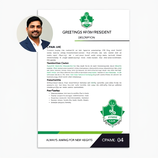 Professional logo design. The image is a flyer or promotional document featuring text and design elements. A circular portrait of a South Asian man in a dark suit jacket and white shirt is in the upper-left corner; he has dark hair, a short beard, and a warm smile. Above the descriptive text is a green and white logo and a title "GREETINGS FROM PRESIDENT." The document's text is on a white background with a thin black border. Below the text, there's a green and white cricket-themed emblem. The bottom of the design has a black and white section with text "CPAM-UK – ALWAYS AIMING FOR NEW HEIGHTS" and the number "04." The style is clean and modern, using a contrasting color scheme with the colors green, white, and black and a portrait. The overall atmosphere conveys professionalism and is likely for a cricket association.