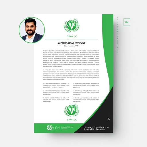 Professional logo design. The image is a flyer or promotional document featuring text and design elements. A circular portrait of a South Asian man in a dark suit jacket and white shirt is in the upper-left corner; he has dark hair, a short beard, and a warm smile. Above the descriptive text is a green and white logo and a title "GREETINGS FROM PRESIDENT." The document's text is on a white background with a thin black border. Below the text, there's a green and white cricket-themed emblem. The bottom of the design has a black and white section with text "CPAM-UK – ALWAYS AIMING FOR NEW HEIGHTS" and the number "04." The style is clean and modern, using a contrasting color scheme with the colors green, white, and black and a portrait. The overall atmosphere conveys professionalism and is likely for a cricket association.