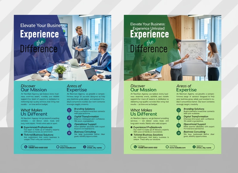 Generate Headline for  business Flyer  design .Please give me a new and better design based on this design with detailed description.A dual-panel business flyer design, showcasing a professional business context. Each panel features a similar layout: A title "Experience the Difference" in a stylized font is positioned at the top, above a group of three business professionals, one standing and two seated at a conference table, illuminated by office lighting. In each panel, the background is a blurred image of an office interior with white walls and a large window providing daylight. Descriptive text sections are below the title, with sections labeled "Discover Our Mission," "Areas of Expertise," and "What Makes Us Different". Bullet-pointed lists detail the provided services and key points, utilizing icons alongside each item. The left panel has a turquoise gradient background, while the right panel has a green one, with the primary colors being white, blue, teal, and a bit of dark gray for the text and elements. The overall atmosphere conveys professionalism, expertise, and a focus on business solutions. The composition is clean, modern, and designed for promotional purposes.
