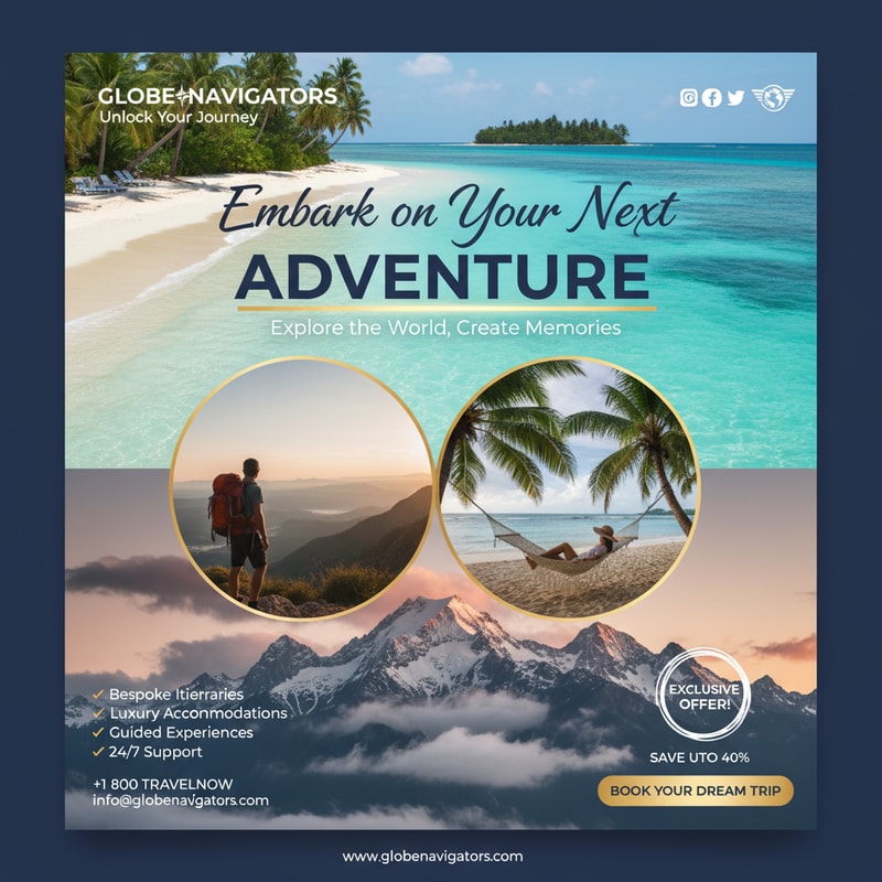 You design me a creative social media traveling poster Design . Design my social media poster with beautiful headlines. I will give these designs to the client. So the designs have to be unique.