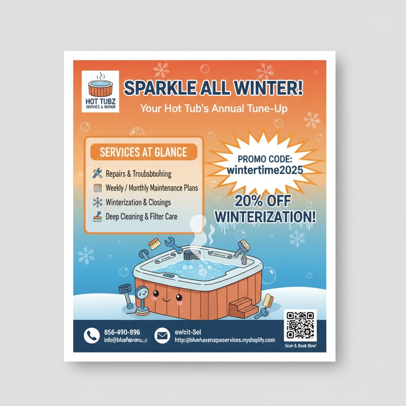 I’m launching a direct-mail campaign and need a single, fun and vibrant flyer that convinces homeowners to book our hot tub, spa repair, and—most importantly—ongoing maintenance services.

What absolutely must appear:
• A bold headline focused on maintenance.
• The promo code “wintertime2025” with a clear “20 % off winterization” call-out.
• A concise snapshot of our services.
• Easy-to-spot contact details (phone, email, web, or QR—whatever presents best).

I’m wide open on color choices, so feel free to explore palettes that shout energy and warmth while keeping text readable. Icons, playful illustrations, or clever layouts are welcome as long as they steer the eye toward the discount and our maintenance offer.

Keep the scope simple: one postcard-sized or letter-sized flyer ready for print and digital use. I’ll award the prize to the concept that grabs attention fast, feels on-brand, and nudges readers to book before winter hits.

Deliverables for the winner:
– High-resolution, print-ready PDF (CMYK)
– Editable source file (AI, PSD, or InDesign)

Show me your best splash of creativity and let’s keep spas sparkling all winter!

Attached is our logo. Attached is some ideas of different flyers. I found online as well as our contact information is below.


All our package pricing is on our website.