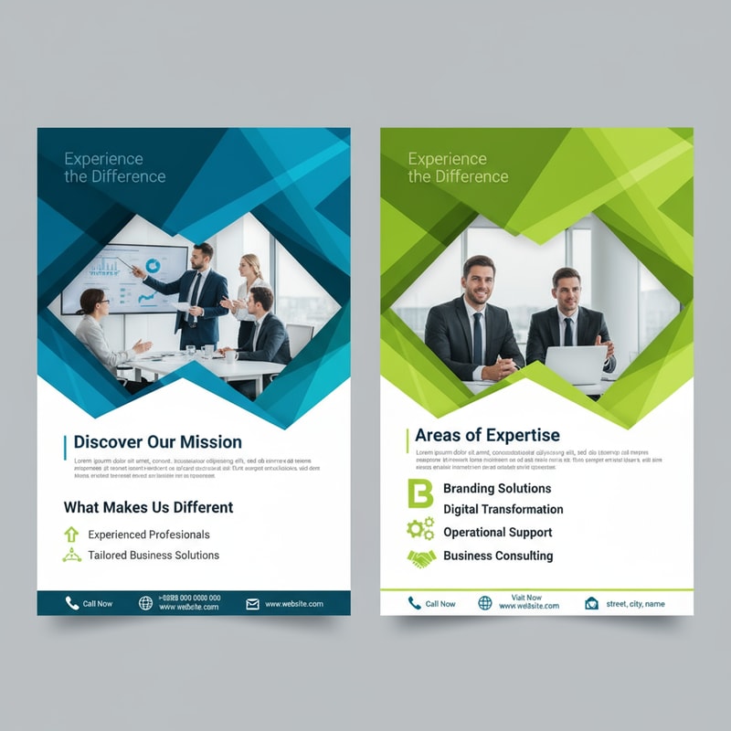 Generate Headline for  business Flyer  design .Please give me a new and better design based on this design with detailed description.A dual-panel business flyer design, showcasing a professional business context. Each panel features a similar layout: A title "Experience the Difference" in a stylized font is positioned at the top, above a group of three business professionals, one standing and two seated at a conference table, illuminated by office lighting. In each panel, the background is a blurred image of an office interior with white walls and a large window providing daylight. Descriptive text sections are below the title, with sections labeled "Discover Our Mission," "Areas of Expertise," and "What Makes Us Different". Bullet-pointed lists detail the provided services and key points, utilizing icons alongside each item. The left panel has a turquoise gradient background, while the right panel has a green one, with the primary colors being white, blue, teal, and a bit of dark gray for the text and elements. The overall atmosphere conveys professionalism, expertise, and a focus on business solutions. The composition is clean, modern, and designed for promotional purposes.