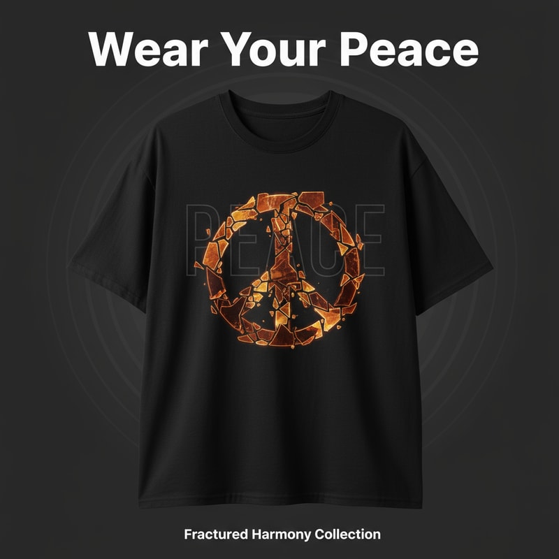 Generate Headline for poster design .Please give me a new and better design based on this design with detailed description. .A black t-shirt is displayed against a neutral background, centered in the frame, held by a person's hand. The t-shirt has a round neck and short sleeves. Printed on the front is a peace sign graphic in orange, with the word "PEACE" vertically written through the upper finger of the sign. The hand, partially visible, is fair-skinned with a brown wristwatch, holding the t-shirt. The backdrop includes a stylized ceiling with recessed lighting and what appears to be a clothing store setting with racks of clothing visible in the background. The lighting appears to be soft and even, with the focus on the t-shirt. The composition is a studio shot, aiming to present and highlight the shirt.