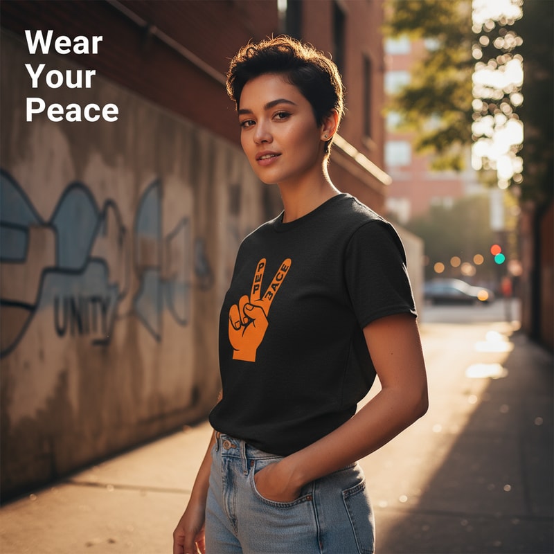 Generate Headline for  poster design .Please give me a new and better design based on this design with detailed description. .A black t-shirt is displayed against a neutral background, centered in the frame, held by a person's hand. The t-shirt has a round neck and short sleeves.  Printed on the front is a peace sign graphic in orange, with the word "PEACE" vertically written through the upper finger of the sign.  The hand, partially visible, is fair-skinned with a brown wristwatch, holding the t-shirt. The backdrop includes a stylized ceiling with recessed lighting and what appears to be a clothing store setting with racks of clothing visible in the background. The lighting appears to be soft and even, with the focus on the t-shirt. The composition is a studio shot, aiming to present and highlight the shirt.