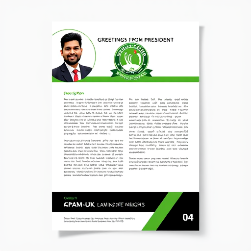 Professional logo design. The image is a flyer or promotional document featuring text and design elements. A circular portrait of a South Asian man in a dark suit jacket and white shirt is in the upper-left corner; he has dark hair, a short beard, and a warm smile. Above the descriptive text is a green and white logo and a title "GREETINGS FROM PRESIDENT." The document's text is on a white background with a thin black border. Below the text, there's a green and white cricket-themed emblem. The bottom of the design has a black and white section with text "CPAM-UK – ALWAYS AIMING FOR NEW HEIGHTS" and the number "04." The style is clean and modern, using a contrasting color scheme with the colors green, white, and black and a portrait. The overall atmosphere conveys professionalism and is likely for a cricket association.