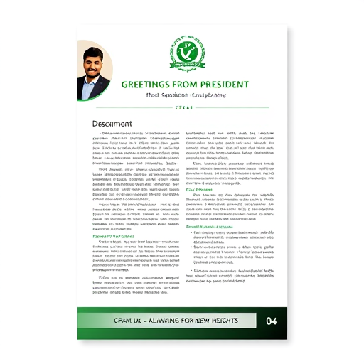 Professional logo design. The image is a flyer or promotional document featuring text and design elements. A circular portrait of a South Asian man in a dark suit jacket and white shirt is in the upper-left corner; he has dark hair, a short beard, and a warm smile. Above the descriptive text is a green and white logo and a title "GREETINGS FROM PRESIDENT." The document's text is on a white background with a thin black border. Below the text, there's a green and white cricket-themed emblem. The bottom of the design has a black and white section with text "CPAM-UK – ALWAYS AIMING FOR NEW HEIGHTS" and the number "04." The style is clean and modern, using a contrasting color scheme with the colors green, white, and black and a portrait. The overall atmosphere conveys professionalism and is likely for a cricket association.
