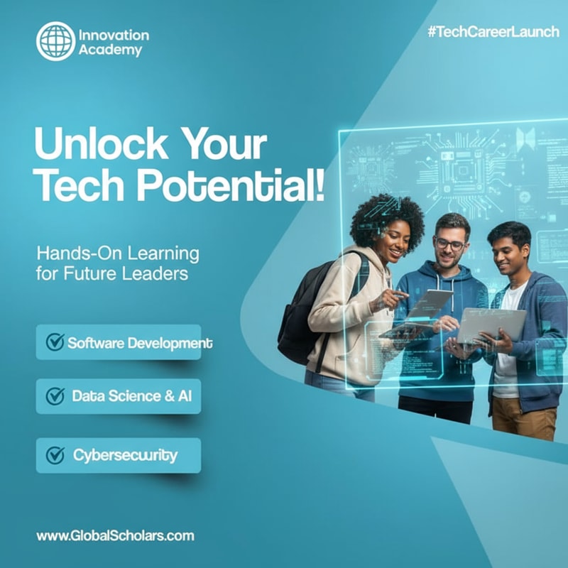 On the right side of the frame is a young, fair-skinned woman, probably in her early twenties, with a cheerful face, smiling broadly. She is wearing a yellow hoodie, light-wash jeans, and white sneakers. Sunglasses are on her head. She is sitting on a small, orange suitcase and has a large gray and black backpack strapped to her back. She is holding an open passport or travel document. The background is a gradient of turquoise and blue. Large, bold white letters read "Discover your future abroad!" and more text describes study abroad programs. Three boxes below list the program's benefits. The image has a modern, clean design, with bright lighting. The overall atmosphere is energetic and optimistic, promoting international study programs. The perspective is slightly low-angled, giving the impression of upward momentum. New designs in this style make me.