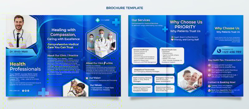 Doctor Services Tri-Fold Brochure Content
Headline:
Healing with Compassion, Caring with Excellence
Sub headline :
Comprehensive Medical Care You Can Trust
About Our Clinic / Practice
Welcome to [Your Clinic Name], where compassionate care meets modern medical excellence. Our mission is to provide personalized healthcare solutions that improve lives and promote wellness for individuals and families.
With state-of-the-art technology, experienced physicians, and a friendly support team, we ensure every patient receives the attention and care they deserve.

Our Vision:
To be a trusted healthcare partner for our community — promoting wellness, prevention, and healing.

Our Values:
Compassion • Trust • Excellence • Integrity
Our Services

Comprehensive Medical Services
We offer a full range of diagnostic, preventive, and treatment services designed to support your overall well-being.

General Health Care:

Routine Checkups & Physical Exams

Immunizations & Vaccinations

Chronic Disease Management (Diabetes, Hypertension, etc.)

Specialized Treatments:

Cardiology & Heart Care

Pediatrics & Family Medicine

Women’s Health & Maternity Care

Orthopedic & Joint Pain Management

Diagnostic & Laboratory:

Digital X-Ray, ECG, & Ultrasound

Blood & Urine Tests

Health Screening Packages

Emergency & Urgent Care:

24/7 Emergency Services

Minor Injuries & First Aid

Ambulance Support
Why Choose Us

Why Patients Trust Us

👩‍⚕️ Expert, Board-Certified Doctors

🏥 Modern Equipment & Facilities

💬 Personalized Consultation

⏱️ Quick & Convenient Appointments

❤️ Friendly and Caring Staff

Your Health Journey Starts Here!
We’re dedicated to guiding you toward a healthier, happier life — one step at a time
Health Tips / Preventive Care

Stay Healthy, Stay Informed!

Eat a balanced diet and stay hydrated

Get regular exercise and quality sleep

Schedule yearly health checkups

Don’t ignore early warning signs

Manage stress and mental wellness

💡 Prevention is better than cure — take charge of your health today!
Contact & Booking

Visit Us Today!
📍 Address: [Your Clinic Address]
📞 Phone: [Contact Number]
📧 Email: [Email Address]
🌐 Website: [Website URL]
🕓 Working Hours: [Days & Time]

Book Your Appointment Now!
Call or visit us online to schedule your visit with one of our experienced doctors.

Follow Us:
🔹 Facebook | 🔹 Instagram | 🔹 LinkedIn | 🔹 YouTube