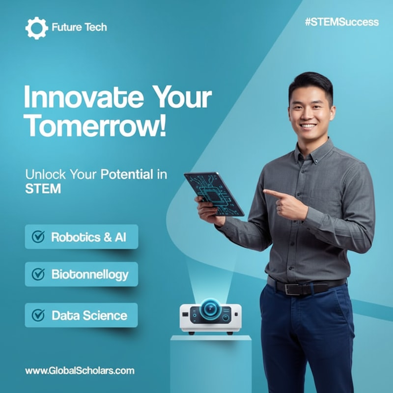 On the right side of the frame is a young, fair-skinned woman, probably in her early twenties, with a cheerful face, smiling broadly. She is wearing a yellow hoodie, light-wash jeans, and white sneakers. Sunglasses are on her head. She is sitting on a small, orange suitcase and has a large gray and black backpack strapped to her back. She is holding an open passport or travel document. The background is a gradient of turquoise and blue. Large, bold white letters read "Discover your future abroad!" and more text describes study abroad programs. Three boxes below list the program's benefits. The image has a modern, clean design, with bright lighting. The overall atmosphere is energetic and optimistic, promoting international study programs. The perspective is slightly low-angled, giving the impression of upward momentum. New designs in this style make me.