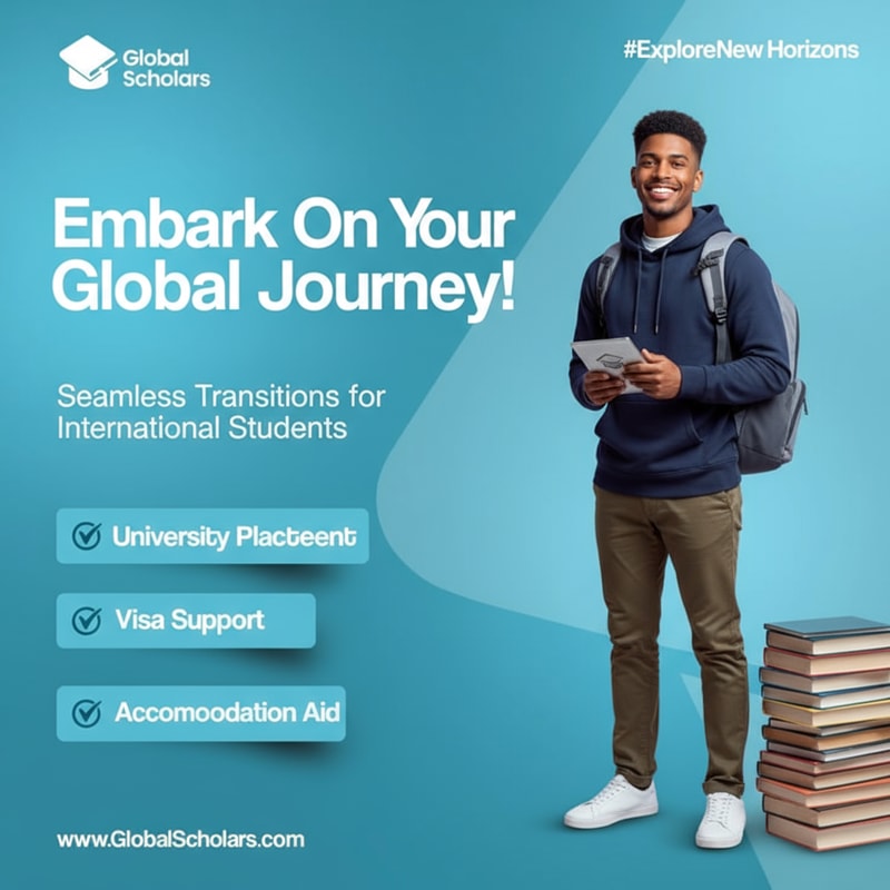 On the right side of the frame is a young, fair-skinned woman, probably in her early twenties, with a cheerful face, smiling broadly. She is wearing a yellow hoodie, light-wash jeans, and white sneakers. Sunglasses are on her head. She is sitting on a small, orange suitcase and has a large gray and black backpack strapped to her back. She is holding an open passport or travel document. The background is a gradient of turquoise and blue. Large, bold white letters read "Discover your future abroad!" and more text describes study abroad programs. Three boxes below list the program's benefits. The image has a modern, clean design, with bright lighting. The overall atmosphere is energetic and optimistic, promoting international study programs. The perspective is slightly low-angled, giving the impression of upward momentum. New designs in this style make me.