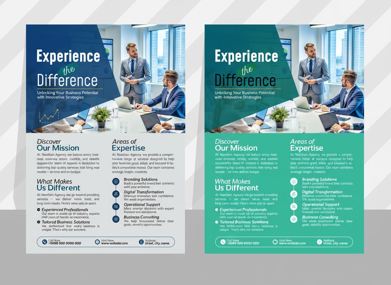 Generate Headline for  business Flyer  design .Please give me a new and better design based on this design with detailed description.A dual-panel business flyer design, showcasing a professional business context. Each panel features a similar layout: A title "Experience the Difference" in a stylized font is positioned at the top, above a group of three business professionals, one standing and two seated at a conference table, illuminated by office lighting. In each panel, the background is a blurred image of an office interior with white walls and a large window providing daylight. Descriptive text sections are below the title, with sections labeled "Discover Our Mission," "Areas of Expertise," and "What Makes Us Different". Bullet-pointed lists detail the provided services and key points, utilizing icons alongside each item. The left panel has a turquoise gradient background, while the right panel has a green one, with the primary colors being white, blue, teal, and a bit of dark gray for the text and elements. The overall atmosphere conveys professionalism, expertise, and a focus on business solutions. The composition is clean, modern, and designed for promotional purposes.