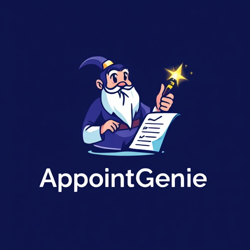 Professional logo design. A genie holding a glowing pen, hovering over a checklist or a calendar, symbolizing booking and completion. The text "AppointGenie" could have subtle magical sparkles