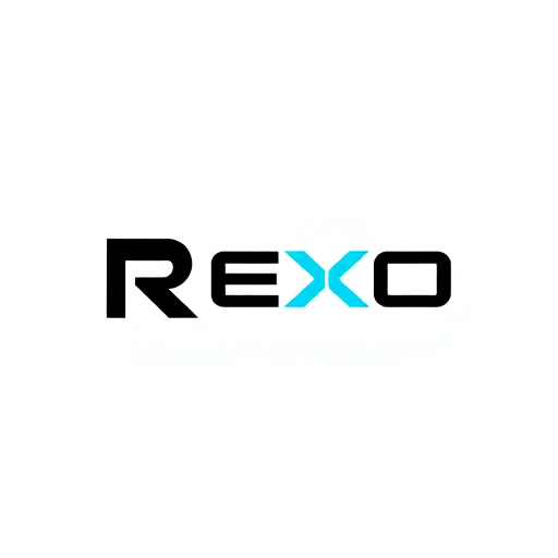 Professional logo design. Geometric Letterform Logo for a futuristic technology company named "REXO": A stylized, open geometric 'R' symbol with subtle integrated 'X' in negative space, paired with a custom geometric sans-serif wordmark. Black and white primary color palette with optional deep electric blue or soft cyan accent. Typography is clean, balanced, slightly spaced geometric sans-serif with a subtly distinct 'X'. Influence of high-end branding studios and modern engineering, emphasizing precision, intelligence, and reliability. Visual execution is flat, minimalist, sharp-edged geometric shapes, intentional negative space, no 3D effects or textures. Background is transparent.