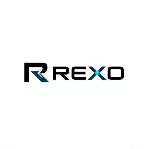 Professional logo design. Geometric Letterform Logo for a futuristic technology company named "REXO": A stylized, open geometric 'R' symbol with subtle integrated 'X' in negative space, paired with a custom geometric sans-serif wordmark. Black and white primary color palette with optional deep electric blue or soft cyan accent. Typography is clean, balanced, slightly spaced geometric sans-serif with a subtly distinct 'X'. Influence of high-end branding studios and modern engineering, emphasizing precision, intelligence, and reliability. Visual execution is flat, minimalist, sharp-edged geometric shapes, intentional negative space, no 3D effects or textures. Background is transparent.