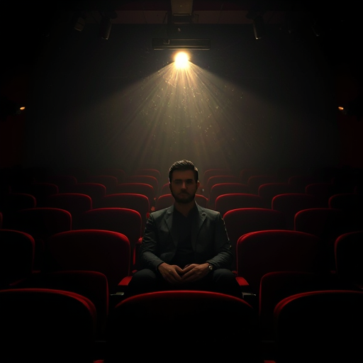 Professional logo design. A moody interior shot of the man sitting in the center of a dimly lit vintage cinema, rows of red velvet seats stretching behind him into shadow. A single projector beam cuts through the haze of dust particles, illuminating his face in half-light, leaving the rest in darkness. His posture is calm yet commanding, evoking the feel of a haunting arthouse film still in graphic designer