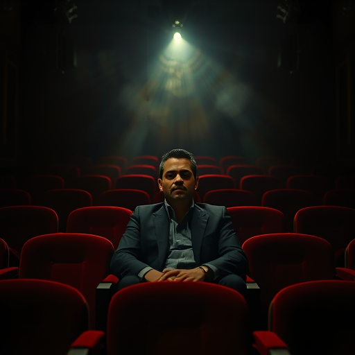Professional logo design. A moody interior shot of the man sitting in the center of a dimly lit vintage cinema, rows of red velvet seats stretching behind him into shadow. A single projector beam cuts through the haze of dust particles, illuminating his face in half-light, leaving the rest in darkness. His posture is calm yet commanding, evoking the feel of a haunting arthouse film still in graphic designer
