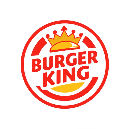 Professional logo design. Emblem for a fast-food chain known for its flame-grilled burgers named "Burger King": A regal crown intertwined with a burger graphic, bold red and yellow color palette, modern sans-serif typography. Design influenced by classic diner aesthetics, with a playful yet sophisticated feel, and a circular badge background. With more better font as calligraphic