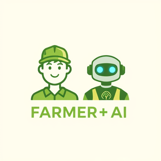 Professional logo design. A modern minimal logo combining a friendly farmer and an AI chatbot/robot. The farmer should be shown with simple traditional elements (cap or hat, crop/leaf symbol) and the AI bot should have a clean, futuristic look with soft glowing eyes or circuit patterns. Blend both into a unified symbol representing "human + AI partnership in farming". Use green and earthy tones with a touch of blue for the AI. Style: flat, professional, scalable, suitable for app icon and branding. FARMER+AI