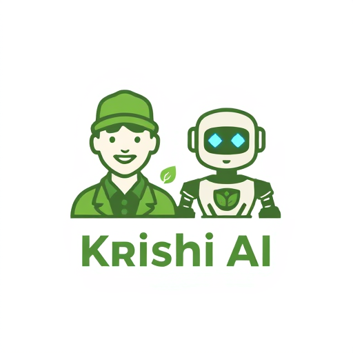 Professional logo design. A modern minimal logo combining a friendly farmer and an AI chatbot/robot. The farmer should be shown with simple traditional elements (cap or hat, crop/leaf symbol) and the AI bot should have a clean, futuristic look with soft glowing eyes or circuit patterns. Blend both into a unified symbol representing "human + AI partnership in farming". Use green and earthy tones with a touch of blue for the AI. Style: flat, professional, scalable, suitable for app icon and branding. TEXT TEXT IS KRISHI.AI 