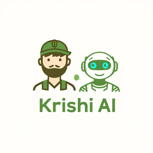 Professional logo design. A modern minimal logo combining a friendly farmer and an AI chatbot/robot. The farmer should be shown with simple traditional elements (cap or hat, crop/leaf symbol) and the AI bot should have a clean, futuristic look with soft glowing eyes or circuit patterns. Blend both into a unified symbol representing "human + AI partnership in farming". Use green and earthy tones with a touch of blue for the AI. Style: flat, professional, scalable, suitable for app icon and branding. TEXT TEXT IS KRISHI.AI 