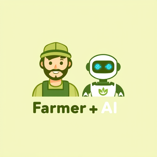 Professional logo design. A modern minimal logo combining a friendly farmer and an AI chatbot/robot. The farmer should be shown with simple traditional elements (cap or hat, crop/leaf symbol) and the AI bot should have a clean, futuristic look with soft glowing eyes or circuit patterns. Blend both into a unified symbol representing "human + AI partnership in farming". Use green and earthy tones with a touch of blue for the AI. Style: flat, professional, scalable, suitable for app icon and branding. FARMER+AI DO WANT TEXT TEXT IS KRISHI.AI MAKE IT GOOD