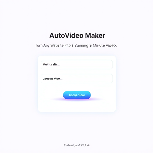 Professional logo design. Prompt:
Create a modern, visually appealing, and responsive web page UI called “AutoVideo Maker”.

Core Functionality:

The page should have two main input fields:

Brand Name (placeholder: “Enter your brand name”)

Website URL (placeholder: “https://example.com”
)

A Submit button labeled “Generate Video”.

When the user submits the form:

The page should simulate reading the entered website URL.

Then show a loading animation (AI wave, glowing circle, or morphing dots).

After that, display a preview card or video area that says:
“Analyzing site... generating 2-minute video...”

Finally, replace it with a message: “✅ Your 2-minute AI video is ready!” and a video preview placeholder box.

Design Requirements:

Theme: Sleek, futuristic, and minimalistic with a tech-inspired feel.

Color Palette: Use a distinct and vibrant color theme —
Gradient mix of #3278bd, #3dbeb7, #232323, with highlights of neon blue or teal.

Typography: Use clean, modern fonts like Poppins, Inter, or Urbanist.

Input Fields:

Glassmorphism style — soft transparency with light borders and shadows.

Rounded corners and smooth focus glow.

Button:

Gradient background, hover animation (scale + glow).

Animations:

Smooth hover effects using CSS transitions or Framer Motion.

Animated background elements (subtle motion gradient, glowing dots, or AI lines).

Background:

Use a modern AI-themed illustration or abstract gradient image (like circuits, neon waves, or 3D mesh).

Slight blur or glow for a premium look.

Layout:

Navbar: Minimal with logo text “AutoVideo.AI” on top.

Hero Section: Centered title and form box in the middle of the screen.

Title: “Turn Any Website Into a Stunning 2-Minute Video”

Subtext: “Enter your brand name and website URL — our AI will read your site and generate an engaging short video.”

Footer: Small text “© 2025 Sublimity Soft Pvt. Ltd.”

Tech Stack:

HTML + Tailwind CSS + basic JavaScript

Smooth animations (Framer Motion or CSS transitions)

Fully responsive for mobile and desktop.

Goal:
Deliver a clean, futuristic landing page that feels like an AI-powered tool interface, combining elegance, clarity, and cutting-edge aesthetics.
