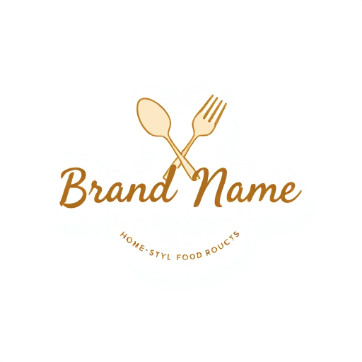 Professional logo design. Minimalist for a home-style food products brand named "Brand Name": a stylized spoon and fork crossed, light brown and cream, handwritten script font. Design a modern and rustic, with clean lines and organic shapes, and a white background.