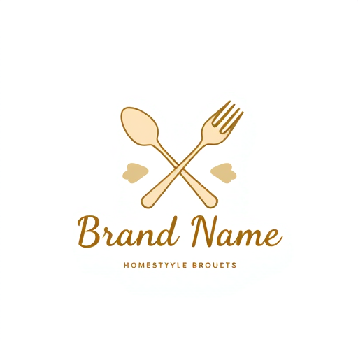 Professional logo design. Minimalist for a home-style food products brand named "Brand Name": a stylized spoon and fork crossed, light brown and cream, handwritten script font. Design a modern and rustic, with clean lines and organic shapes, and a white background.