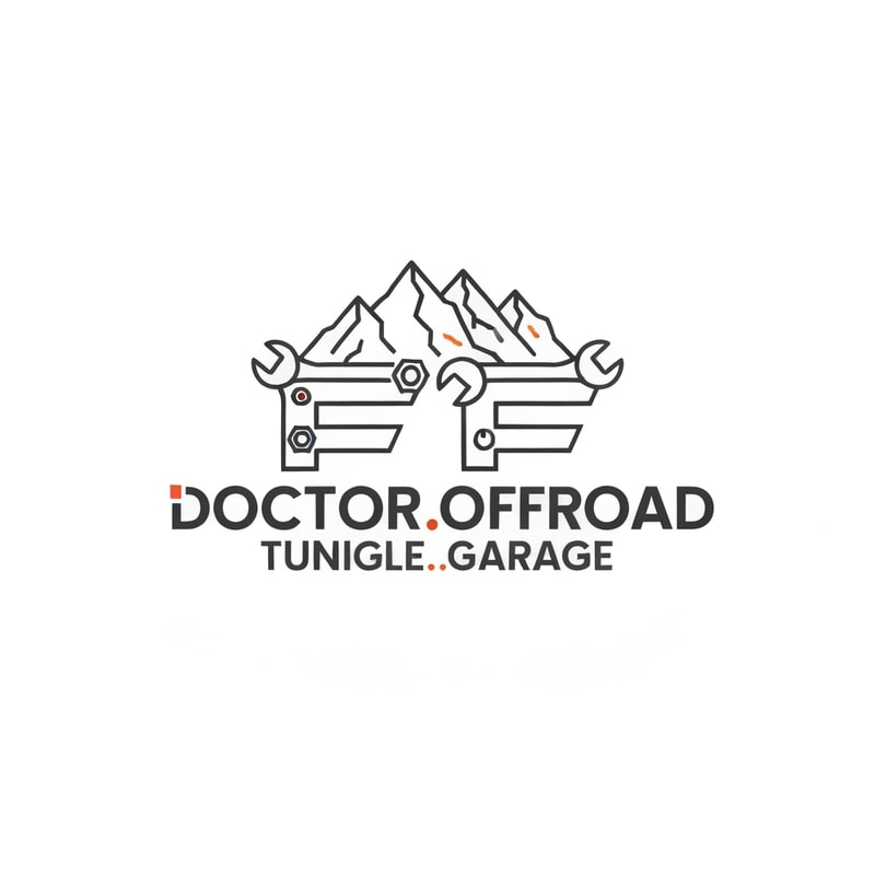 Design a clean, linear, and minimal typographic logo for a car garage specialized in offroad tuning and vehicle customization, named “Doctor.Offroad.Garage”. 
Integrate a simple linear illustration of mountains and rocks into the design to symbolize offroad adventure and rugged terrain. 
The logo should have sharp, angular, and rugged linework, with a bold monoline vector style. 
Incorporate mechanical elements such as nuts, bolts, and wrench heads subtly within the typography, especially integrating them into the design of the two “F” letters, whose tops should be shaped like wrench heads. 
Use metallic tones such as dark gray, steel silver, and small orange or red accents to create an industrial and offroad atmosphere. 
The overall composition should feel powerful yet minimal — clean lines, geometric structure, flat (no shadows), transparent background, vector-style design suitable for car decals, garage signage, and brand identity.