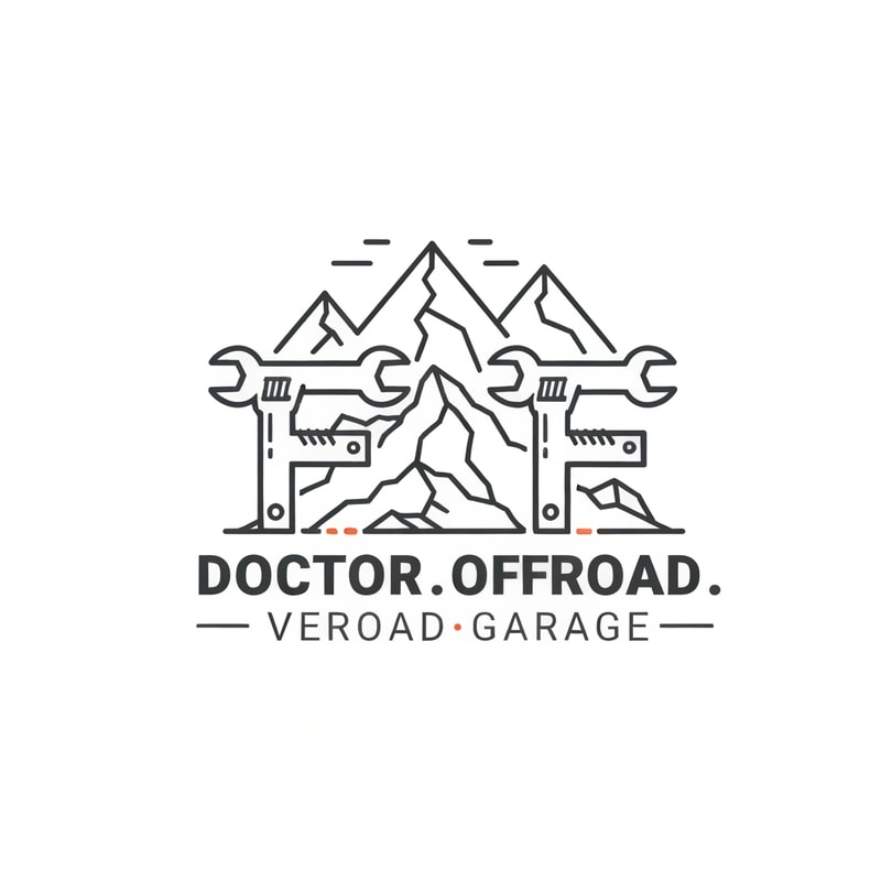 Design a clean, linear, and minimal typographic logo for a car garage specialized in offroad tuning and vehicle customization, named “Doctor.Offroad.Garage”. 
Integrate a simple linear illustration of mountains and rocks into the design to symbolize offroad adventure and rugged terrain. 
The logo should have sharp, angular, and rugged linework, with a bold monoline vector style. 
Incorporate mechanical elements such as nuts, bolts, and wrench heads subtly within the typography, especially integrating them into the design of the two “F” letters, whose tops should be shaped like wrench heads. 
Use metallic tones such as dark gray, steel silver, and small orange or red accents to create an industrial and offroad atmosphere. 
The overall composition should feel powerful yet minimal — clean lines, geometric structure, flat (no shadows), transparent background, vector-style design suitable for car decals, garage signage, and brand identity.