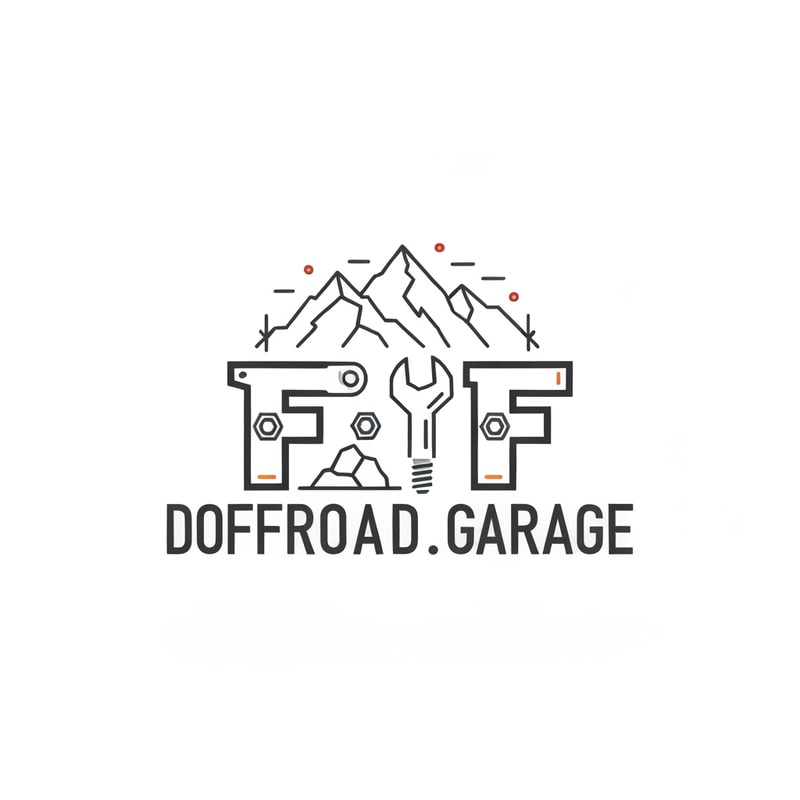 Design a clean, linear, and minimal typographic logo for a car garage specialized in offroad tuning and vehicle customization, named “Doctor.Offroad.Garage”.
Integrate a simple linear illustration of mountains and rocks into the design to symbolize offroad adventure and rugged terrain.
The logo should have sharp, angular, and rugged linework, with a bold monoline vector style.
Incorporate mechanical elements such as nuts, bolts, and wrench heads subtly within the typography, especially integrating them into the design of the two “F” letters, whose tops should be shaped like wrench heads.
Use metallic tones such as dark gray, steel silver, and small orange or red accents to create an industrial and offroad atmosphere.
The overall composition should feel powerful yet minimal — clean lines, geometric structure, flat (no shadows), transparent background, vector-style design suitable for car decals, garage signage, and brand identity.